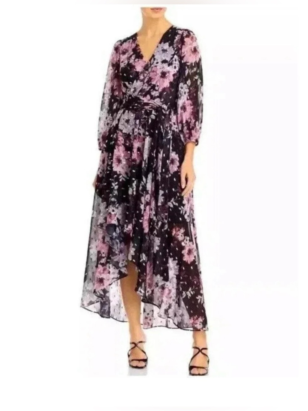 Eliza J Floral Metallic V Neck Puff Sleeve Tie Waist Gown Dress